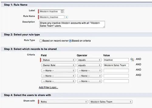Settings screen for new account in Salesforce, featuring Managed Sharing method options and user interface elements.