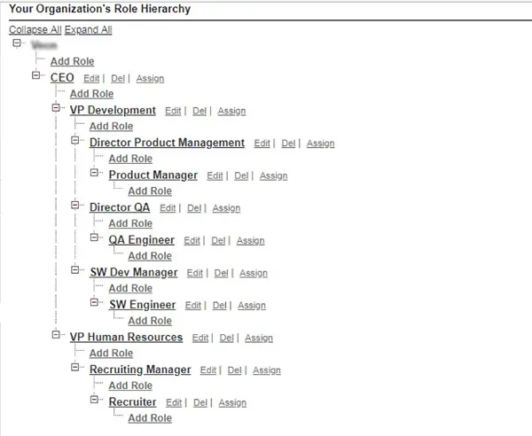 A screenshot displaying the task list within Salesforce, highlighting the role hierarchy and assigned tasks.