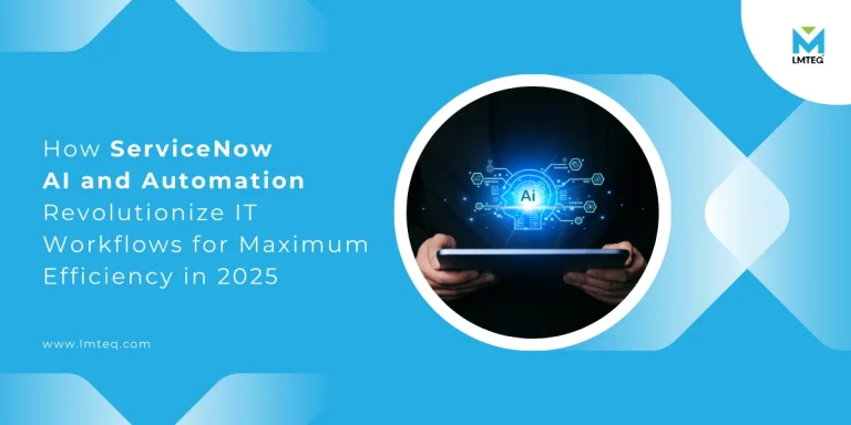 servicenow ai and automation blog banner Different IT process are interconnected with ServiceNow AI and Automation as a central node. The whole representation is holo-projected from a tablet.
