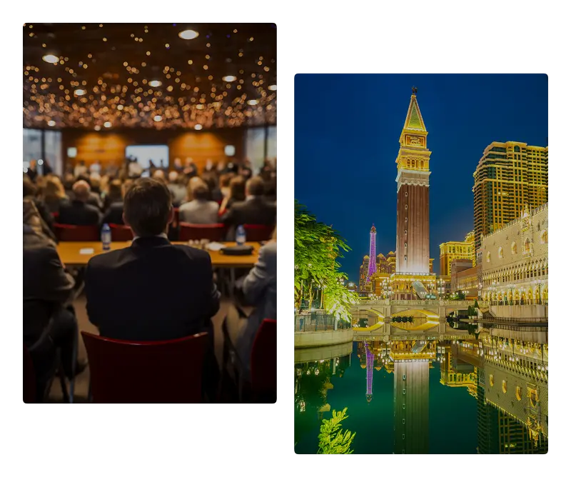 An image showcasing two different situations. On the left part of the image, a conference is taking place, and on the right part of the image, the Venetian Resort in Las Vegas, where the ServiceNow Knowledge 2025 takes place.