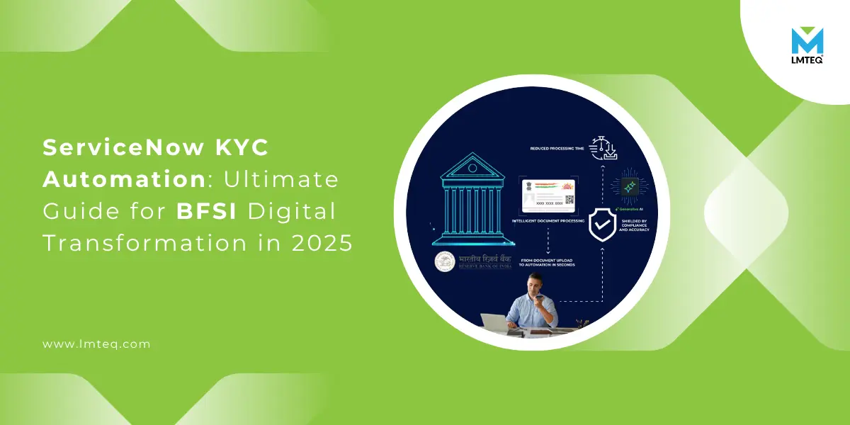 servicenow kyc automation for bfsi A digital graphic promoting ServiceNow KYC automation for BFSI digital transformation in 2025, featuring a man at a desk, ServiceNow KYC automation banking icons, and text on a green and blue background with the LMTEQ logo.