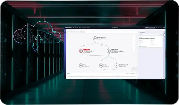 A futuristic server room with glowing lights, a digital cloud icon, and a flowchart diagram on a computer screen in the foreground, illustrating data connections powered by ServiceNow solutions for banking.