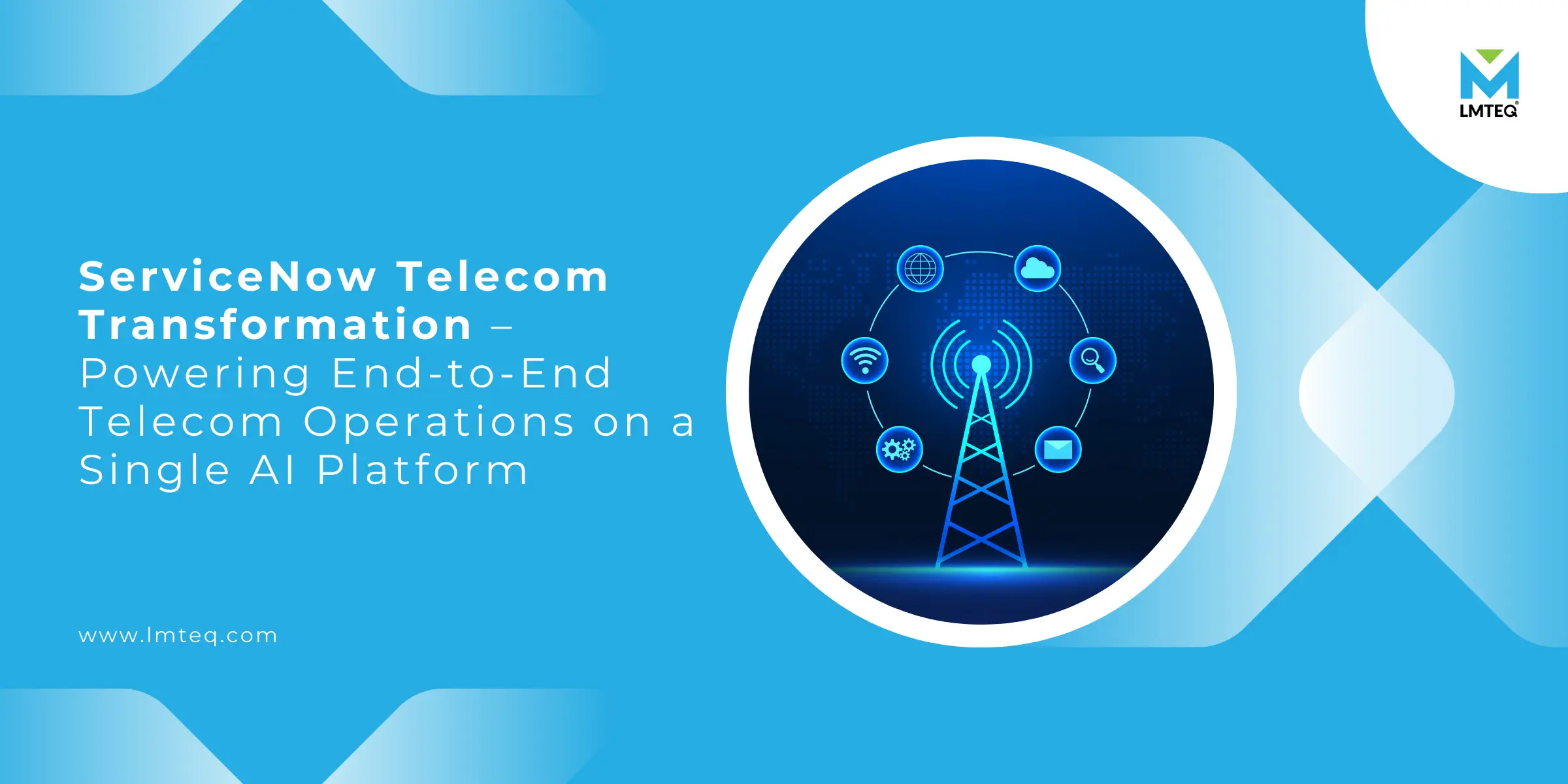 servicenow telecom transformation ServiceNow telecom transformation illustration showing AI-driven end-to-end telecom operations with network tower, cloud, analytics, and digital service icons on a unified platform.