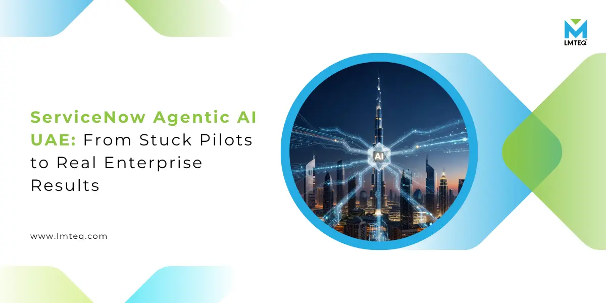 servicenow agentic ai uae ServiceNow Agentic AI UAE connecting enterprise workflows across Dubai skyline with AI-powered digital network nodes