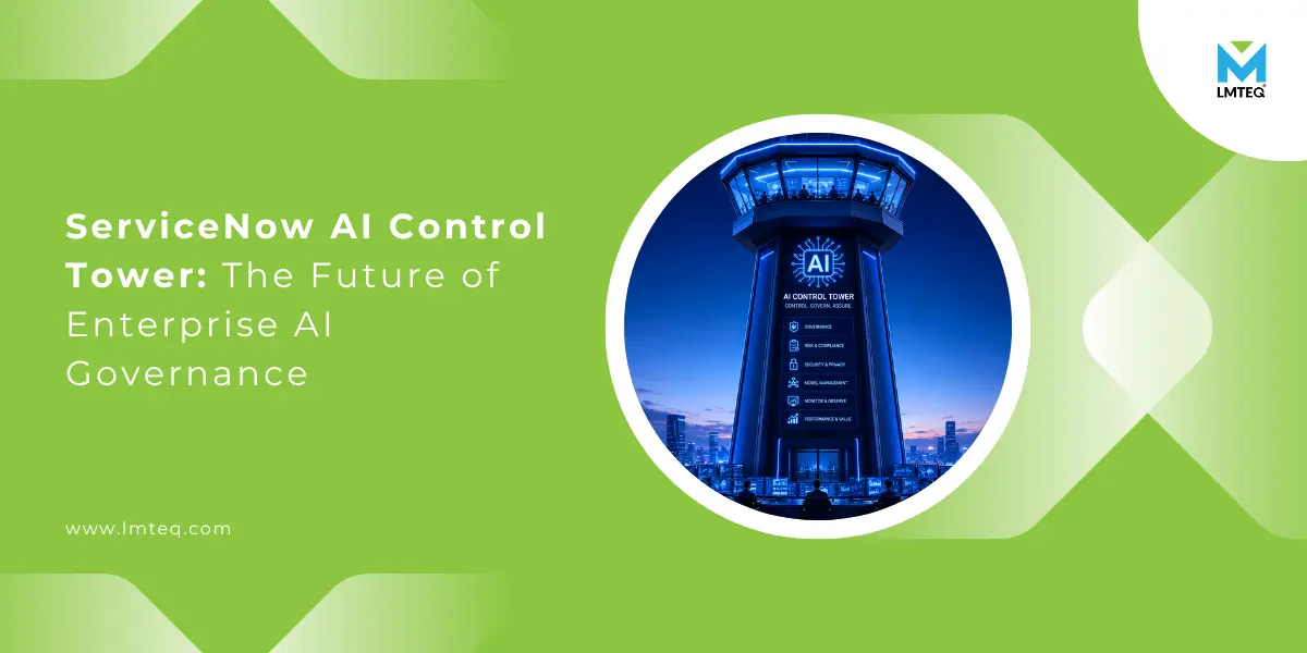 servicenow ai control tower ServiceNow AI Control Tower illustration showcasing enterprise AI governance, monitoring, compliance, risk management, and centralized AI operations with futuristic control tower dashboard design.